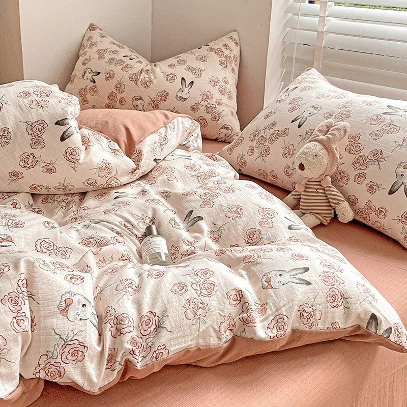 DecorBites™ Cotton Flower Printed Comforter Set: Breathable Double-Layer Yarn, Soft Bedding for Girls