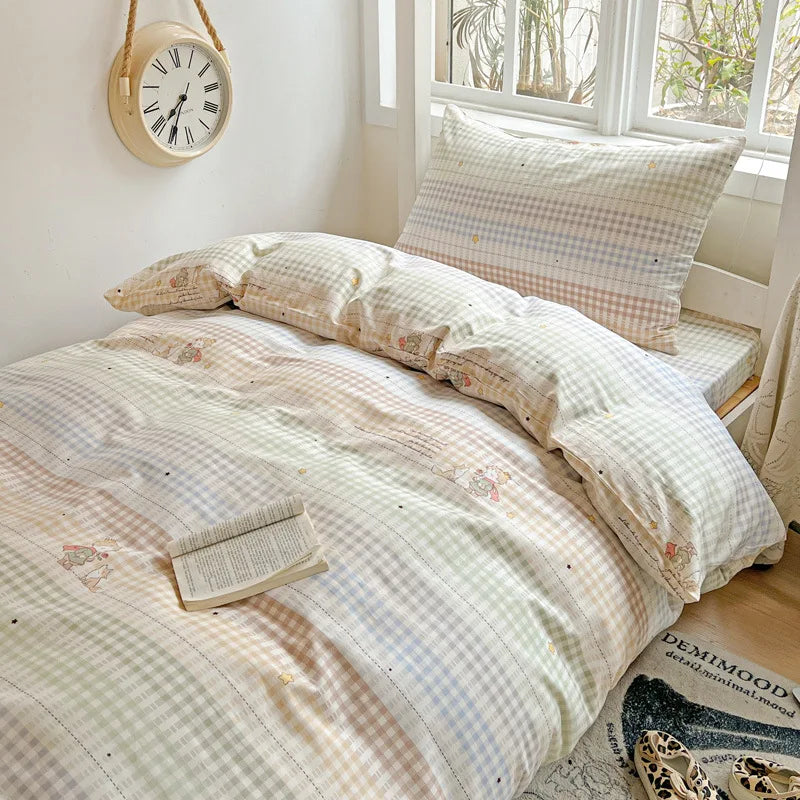 DecorBites™ Cotton Grid Pattern Bedding Set with Duvet Cover & Pillowcases for Double Bed