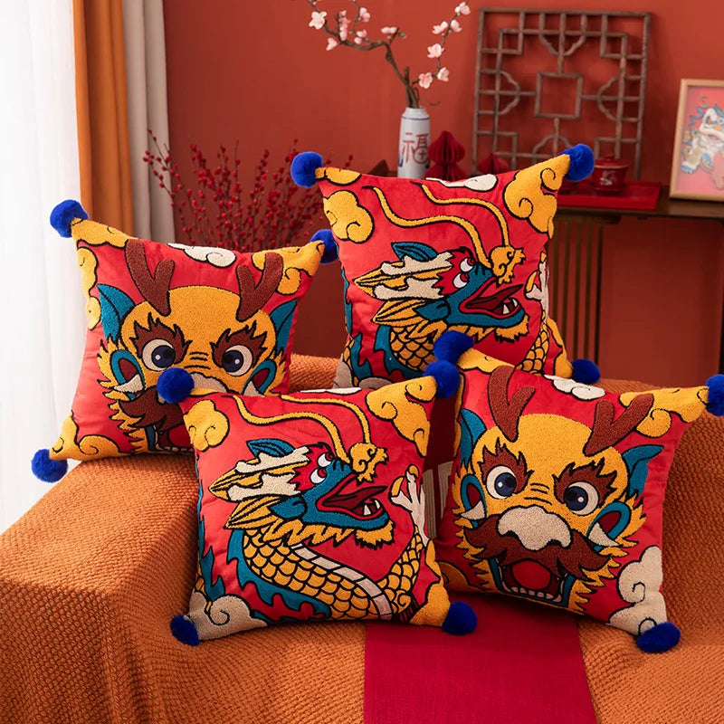 DecorBites™ Dragon Year Cushion Cover 45x45cm Decorative Throw Pillow with Hair Ball Embroidery
