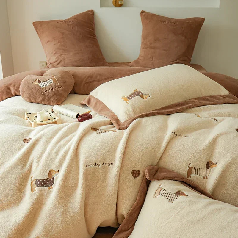 DecorBites™ Embroidered Imitation Cashmere Bedding Set for Queen Bed Warm Winter Cozy Set