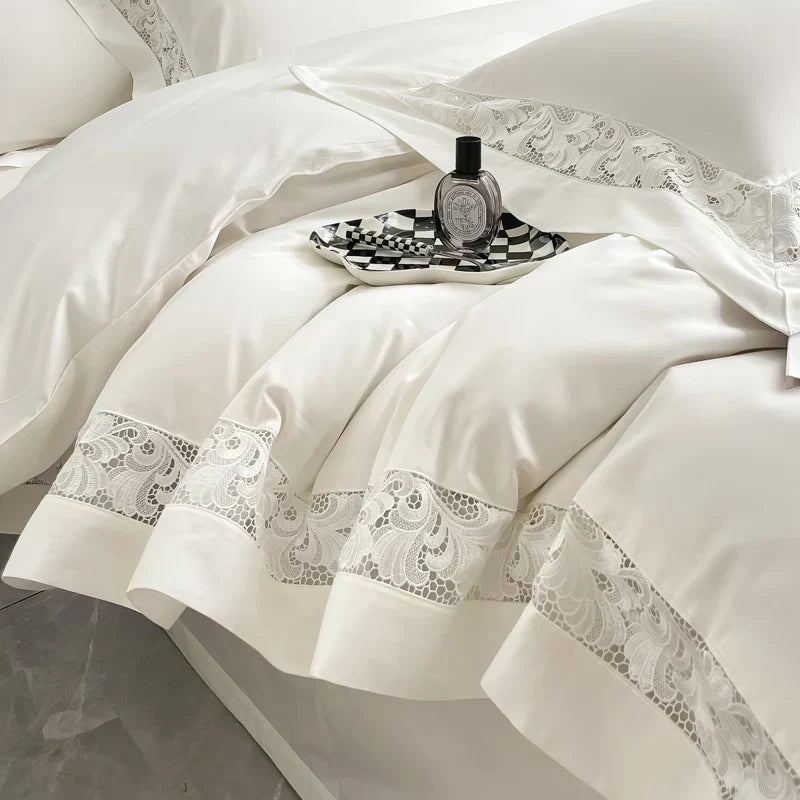DecorBites™ Lace Embroidery 1200TC Egyptian Cotton 4Pcs Bedding Set with Wide Hollow Design