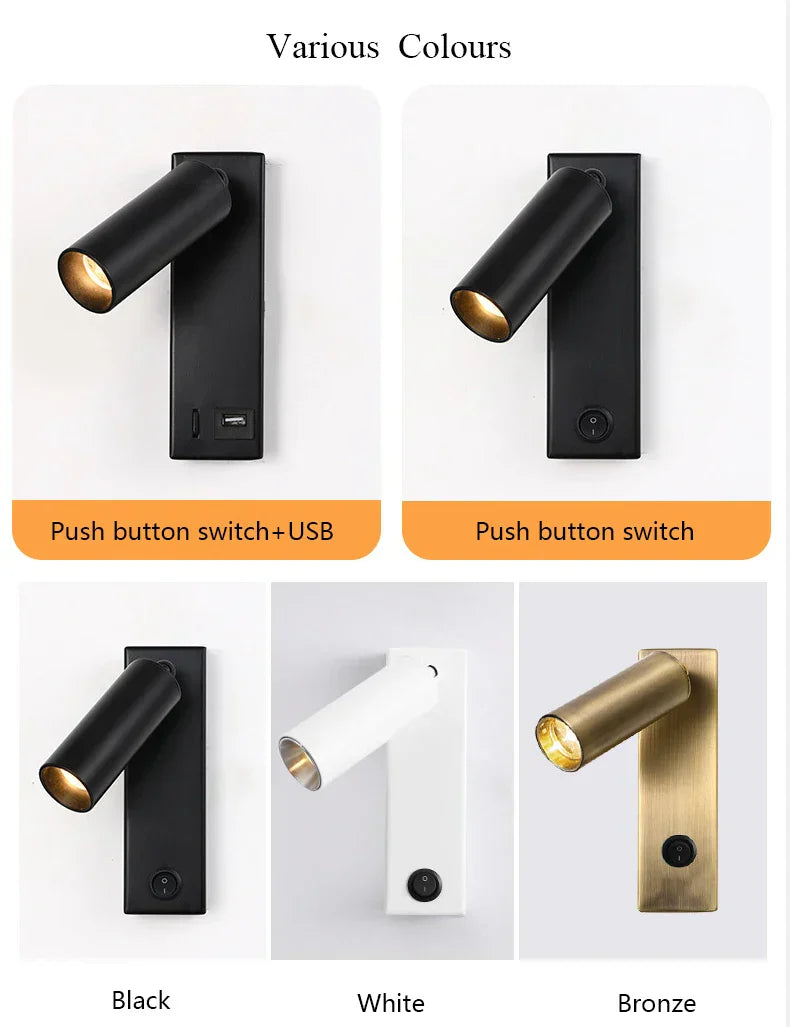 DecorBites™ Black Brass LED Wall Lamp Sconce with Switch and USB Port, 3W Spotlight