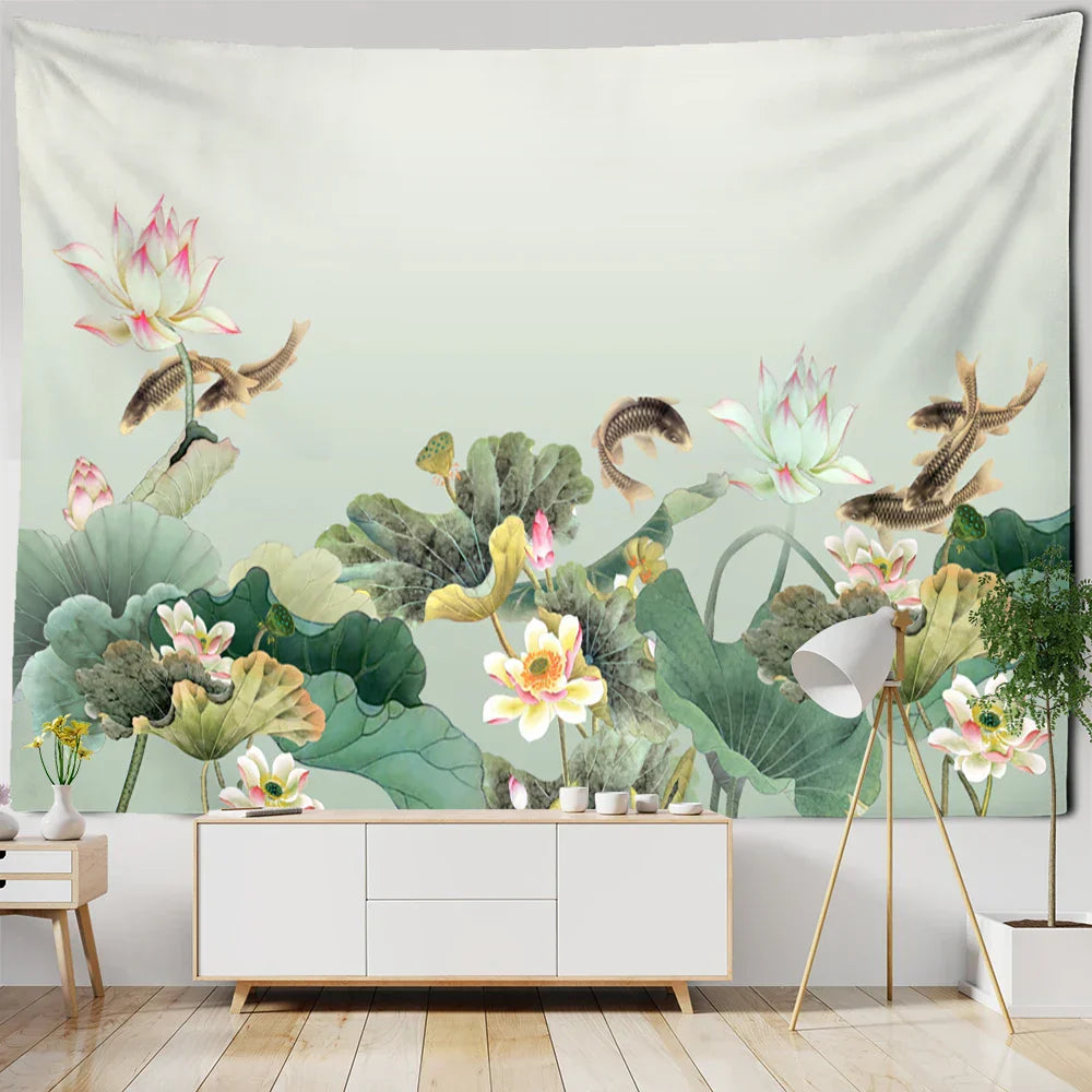 DecorBites™ Koi Lotus Ink Tapestry Wall Hanging - Bohemian Aesthetics Home Decor