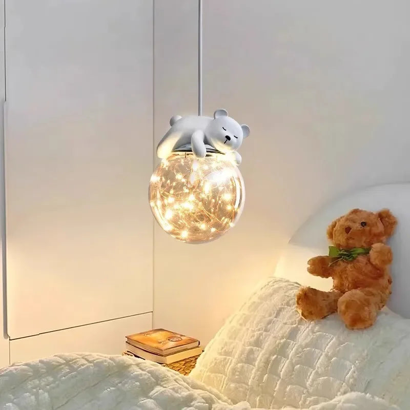 DecorBites™ Kids Room LED Chandeliers White Bear Bunny Pendant Light Glass Bedside Lamp