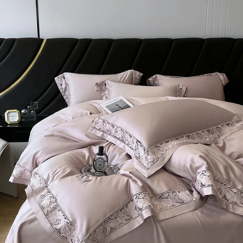 DecorBites™ Luxe 1500TC Egyptian Cotton Lace Wide Edge Bedding Set: Duvet Cover, Sheet, Pillowcases