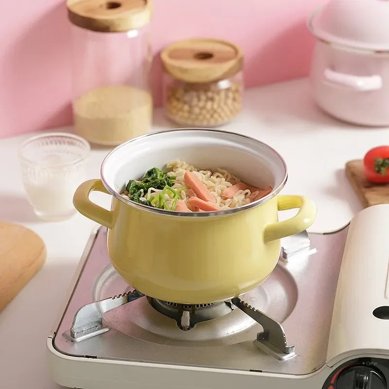 DecorBites™ Enamel Stock Pot with Lid, 1.5L Multi-Purpose Cooking Pot for Kitchen Soups and Porridge