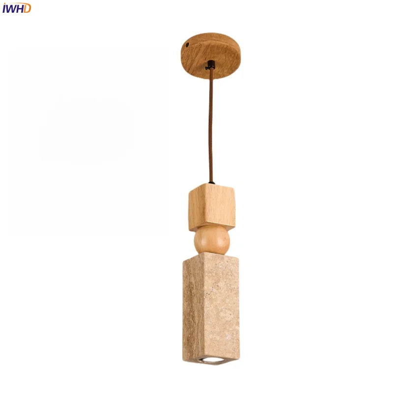 DecorBites™ Cuboid Stone LED Pendant Lights Wood Yellow Travertine Interior Lighting Hanging Lamp