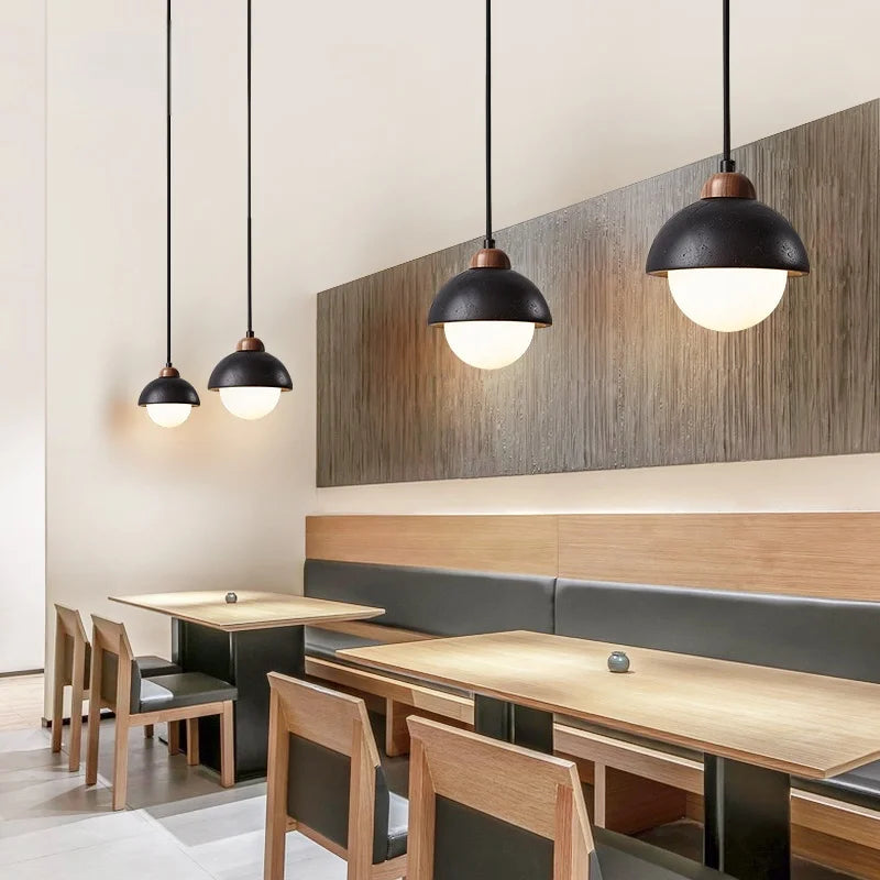 DecorBites™ Glass Ball LED Pendant Lights Black Travertine Wabi Sabi Hanging Lamp