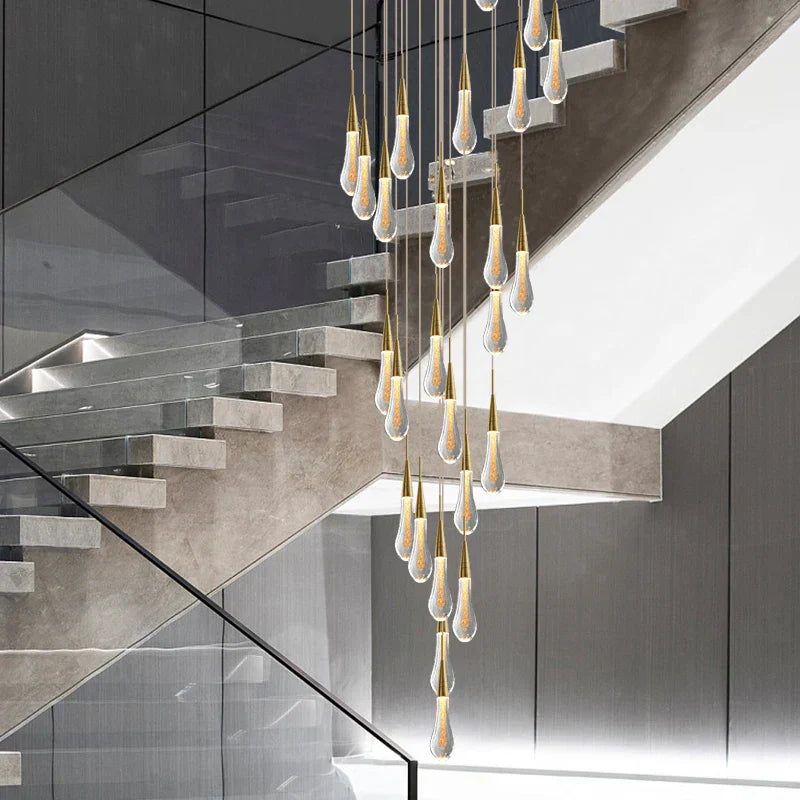 DecorBites™ Crystal Tear Drop Chandelier: Gold LED Pendant Light for Villa Staircase and Living Room