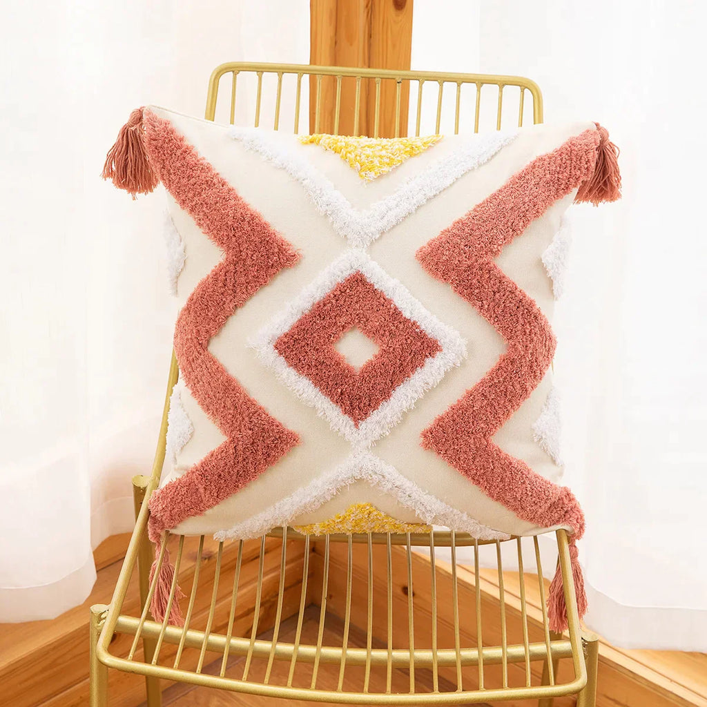 DecorBites™ Geometric Tufted Embroidery Flowers Boho Cushion Cover with Tassel