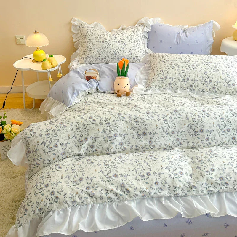 DecorBites™ Korean Princess Floral Ruffles Bedding Set: Single/Queen Duvet, Cover, & Pillowcases