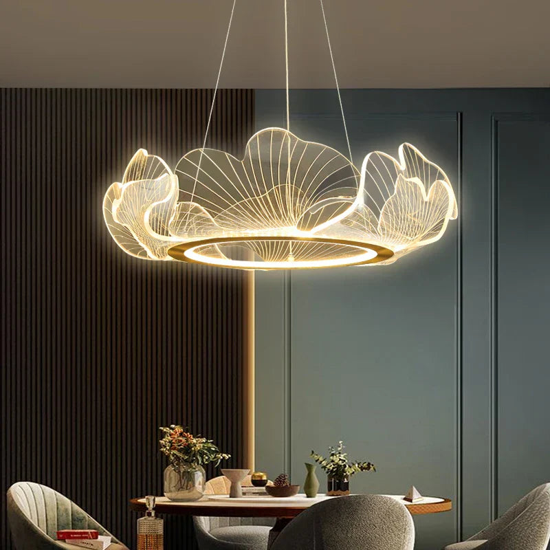 DecorBites™ Ginkgo Acrylic LED Pendant Chandelier Light, Gold Metal, Dimmable, Modern Minimalism