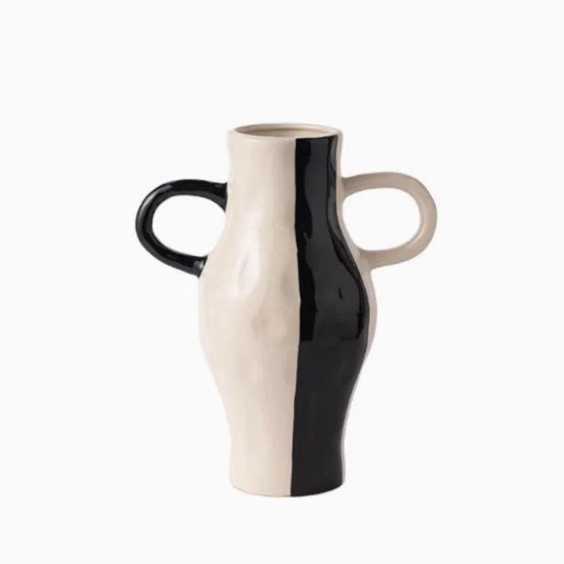 DecorBites™ Geometric Check Pattern Ceramic Vase with Handle for Home Decoration