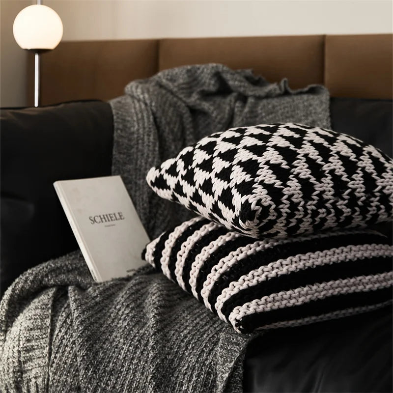 DecorBites™ Geo Knit Stripe Woven Square Pillow 45x45cm Black Ivory Insets