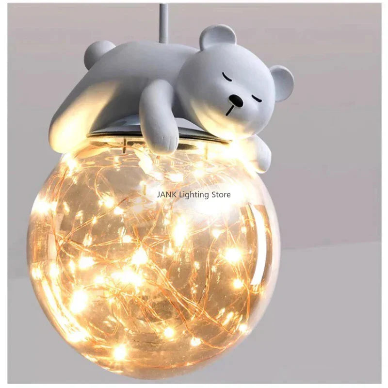 DecorBites™ Kids Room LED Chandeliers White Bear Bunny Pendant Light Glass Bedside Lamp