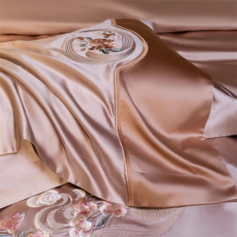 DecorBites™ Elegant Flowers Embroidery Brocade Cotton Bedding Set - Duvet Cover, Sheet, Pillowcases