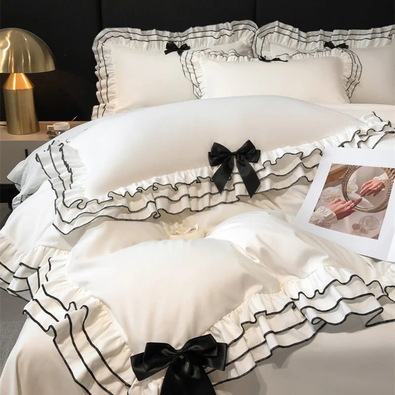 DecorBites™ Korean Lace Ruffles Bedding Set with Black Bow Accent