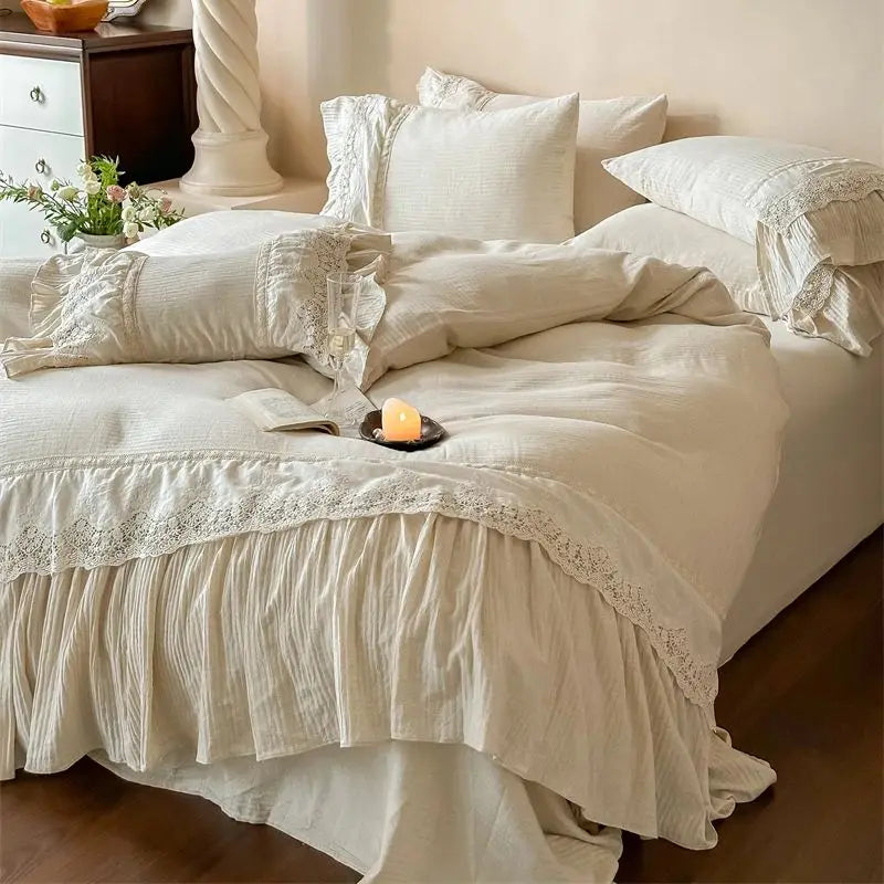 DecorBites™ French Lace Ruffle Embroidery Bedding Set with Natural Health Skin Fabric