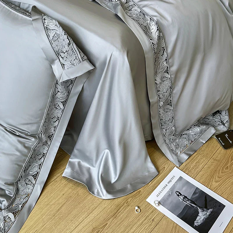 DecorBites™ Luxe 1500TC Egyptian Cotton Lace Wide Edge Bedding Set: Duvet Cover, Sheet, Pillowcases