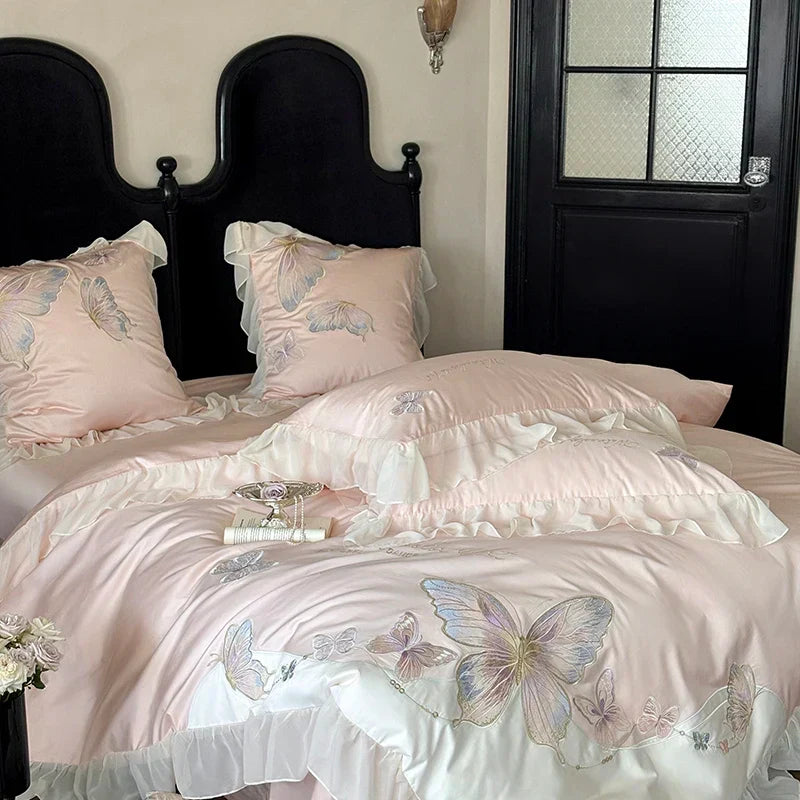DecorBites™ French Lace Butterfly Embroidery Bedding Set in 100S Egyptian Cotton