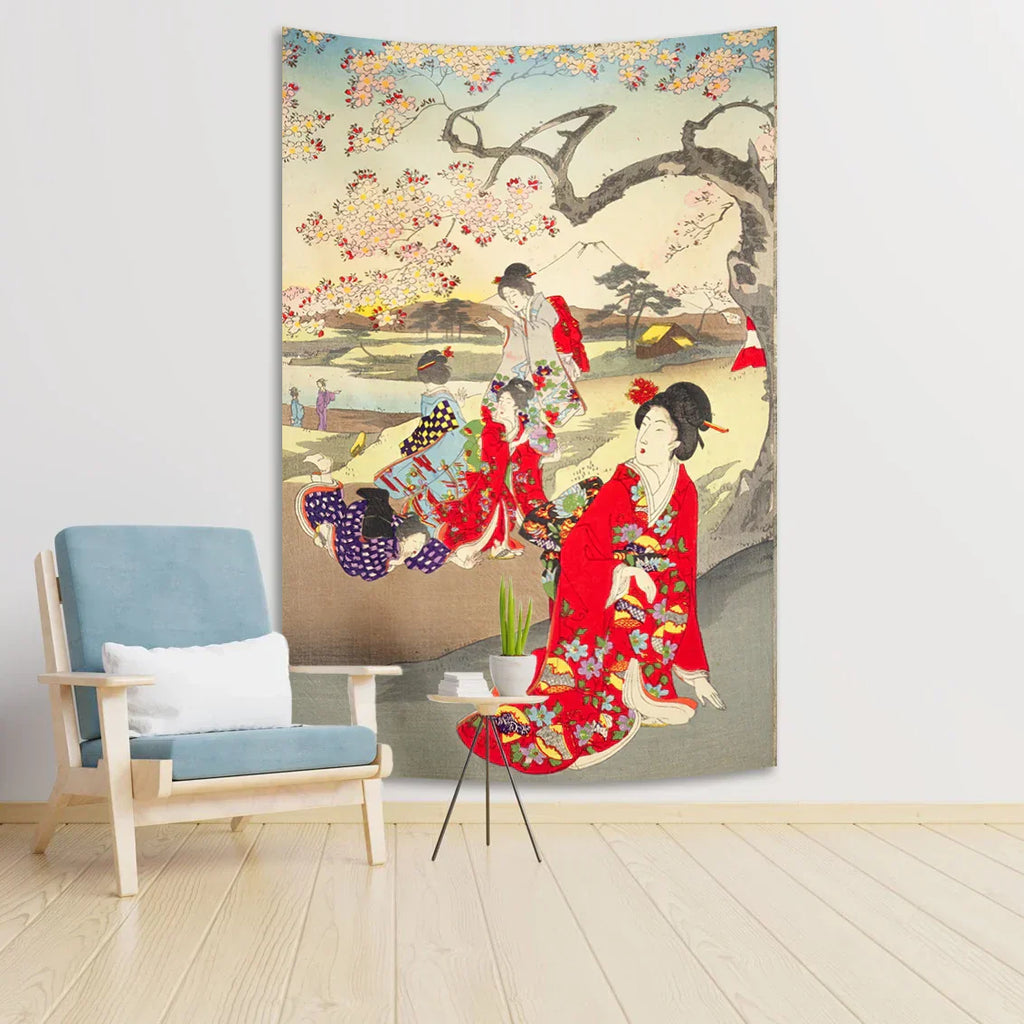 DecorBites™ Geisha in Kimono Tapestry - Sakura Background Home Decor