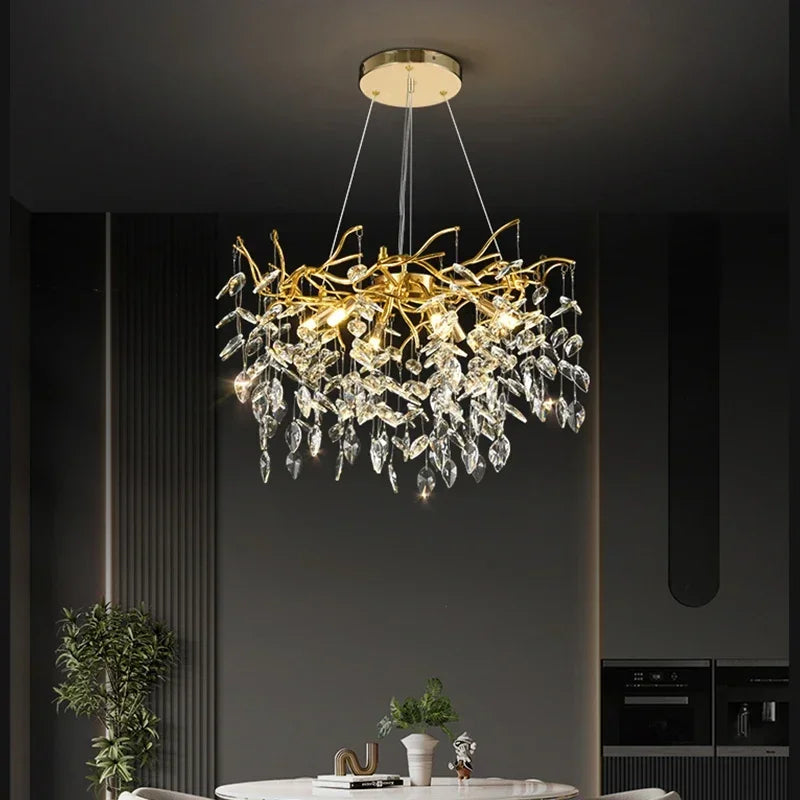 DecorBites™ Golden Branch Ceiling Crystal Chandelier for Bedroom Living Room Lighting