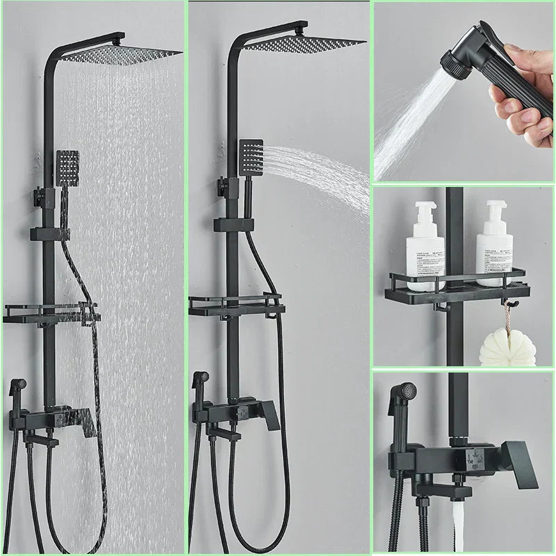 DecorBites™ Black Brass Shower Faucet Set with Rotatable Tub Spout and Rain Shower Column