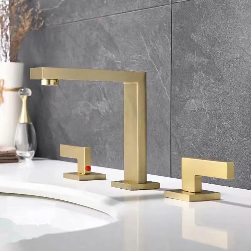 DecorBites™ Brushed Gold Basin Faucet: Antique 3-Hole Waterfall Bathroom Faucet, Hot and Cold Water