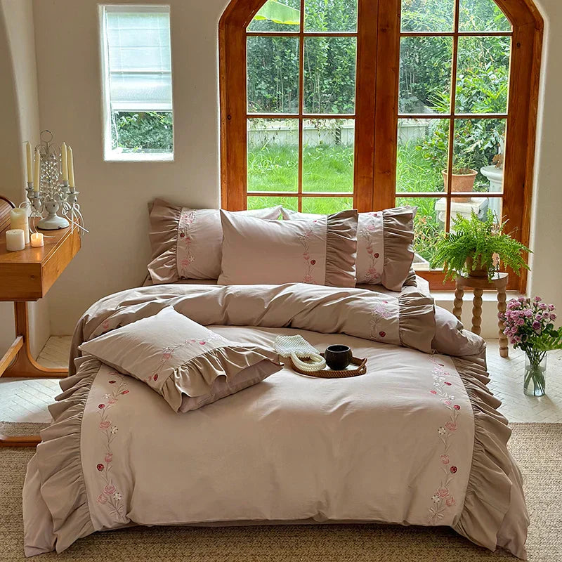 DecorBites™ Korean Princess Style Embroidered Bedding Set with Pleated Ruffles in Egyptian Cotton