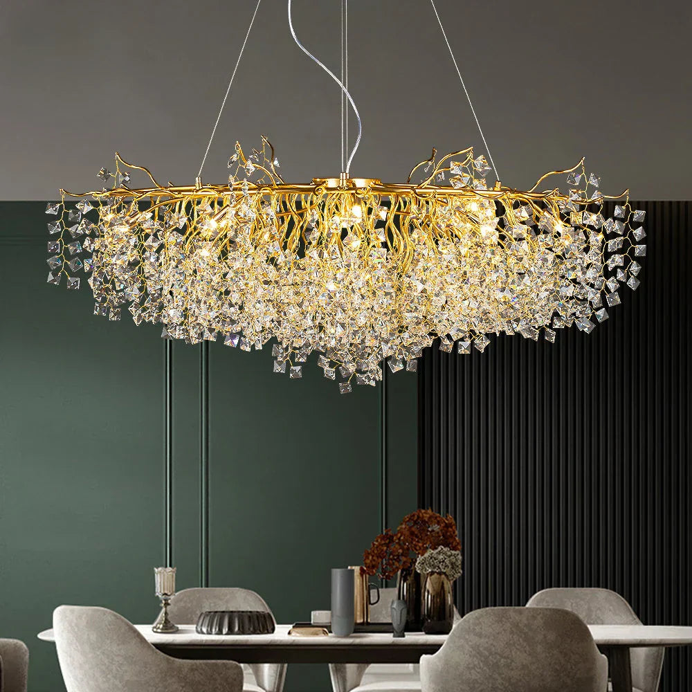 DecorBites™ Gold Crystal Chandelier LED Round Light Island Branch Chandelier