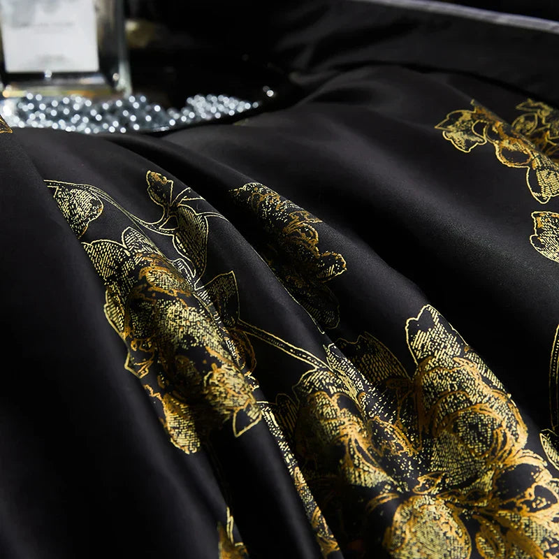 DecorBites™ Gold Flowers Luxury Egyptian Cotton Bedding Set with 1000TC Soft Duvet Cover, Sheets, Pillowcases