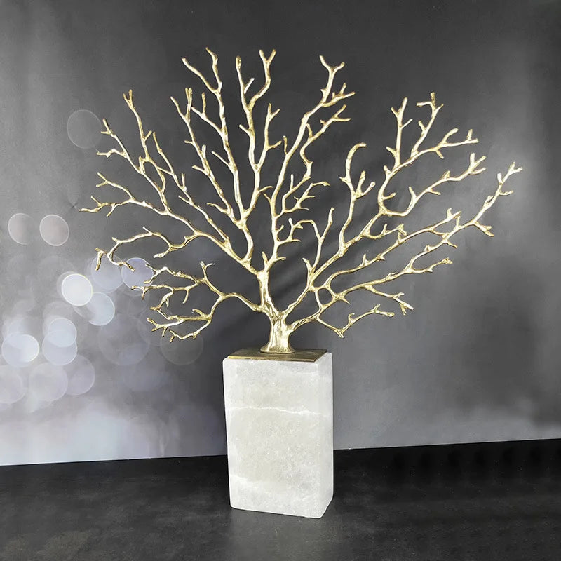 DecorBites™ Coral Tree Sculpture: Gold Metal Decorative Figurine on Marble Base