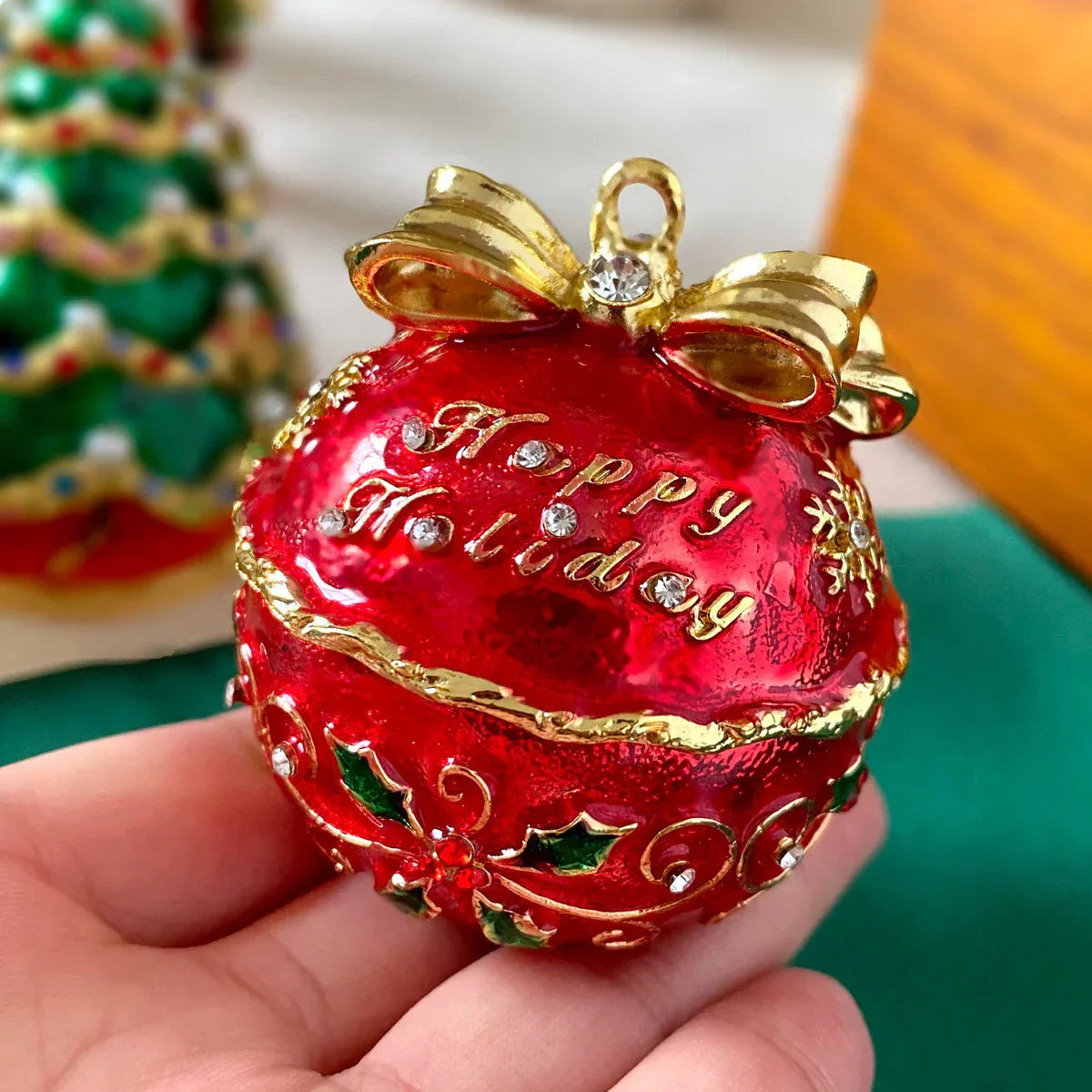 DecorBites™ Jingle Bell Trinket Box With Crystals, Hand-painted, Christmas Tree Decor