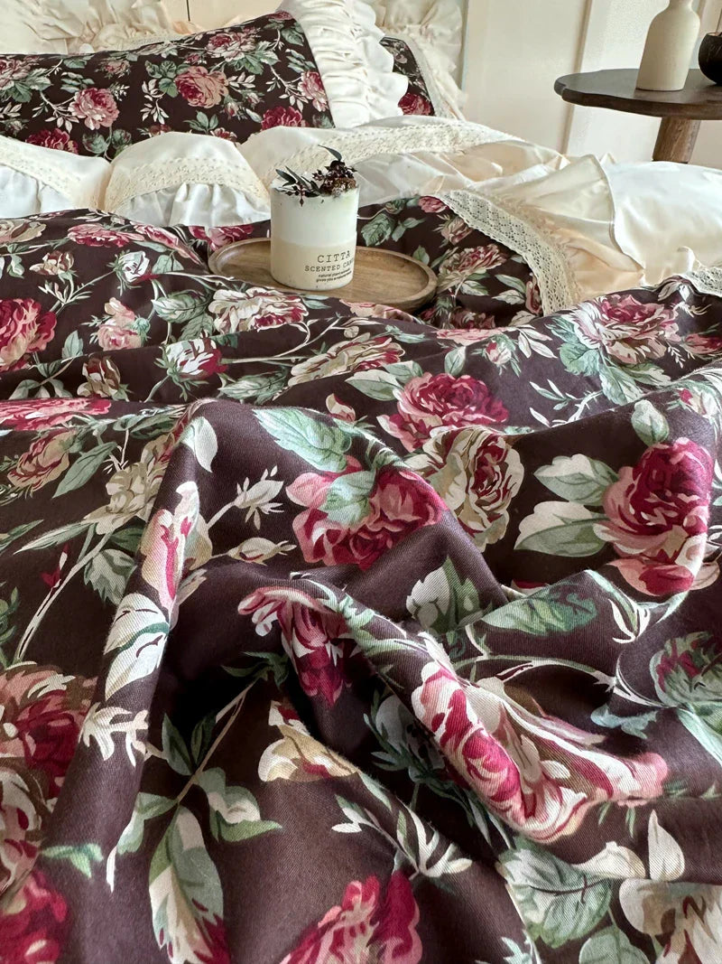 DecorBites™ French Rose Flowers Pattern Bedding Set, 100% Cotton, Ruffles, Duvet Cover, Bed Skirt