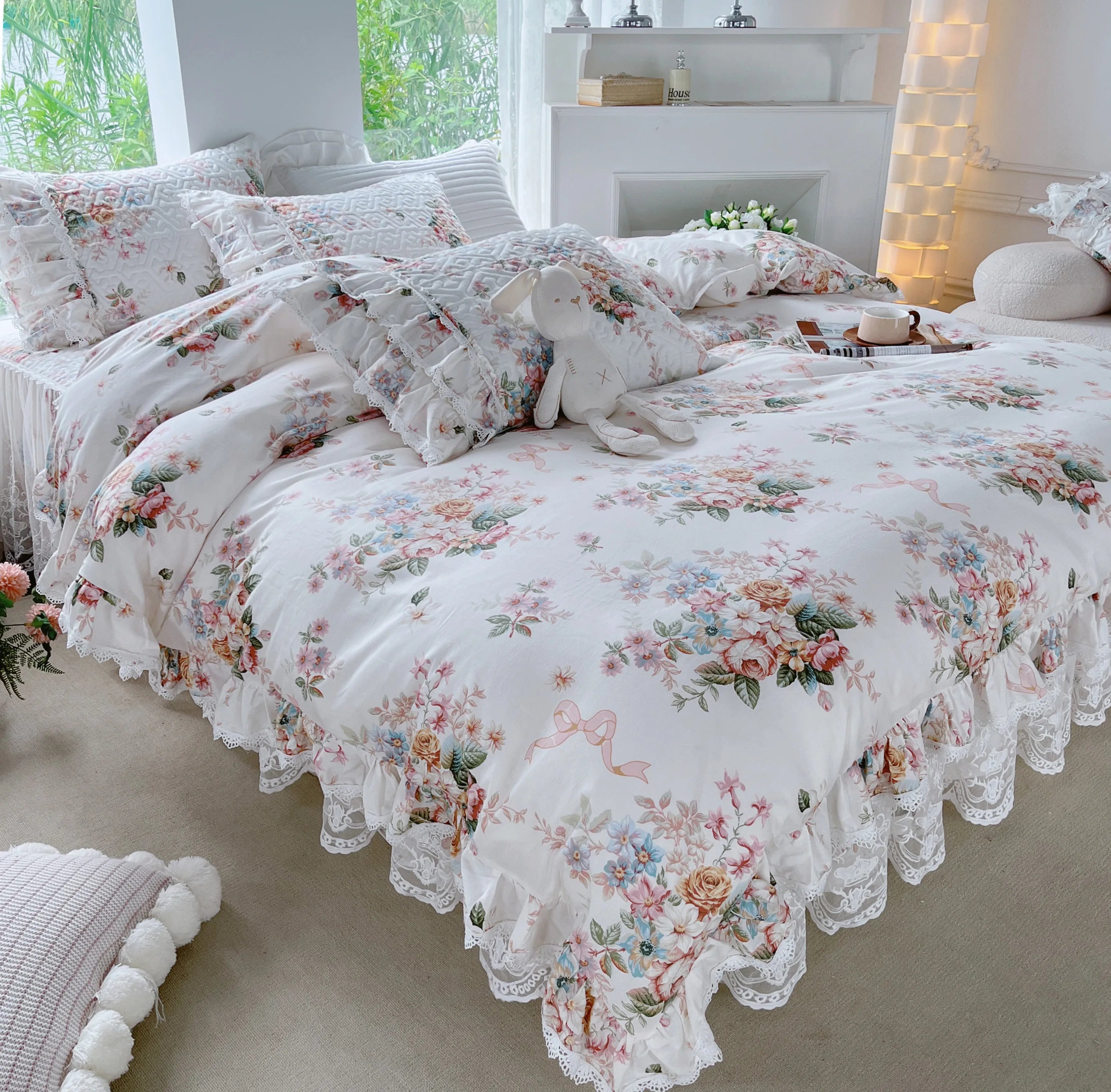 DecorBites™ French Floral Print Bedding Set: Duvet Cover, Lace Ruffles, Quilted Embroidery, Pillowcases