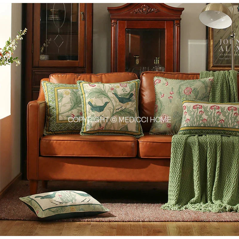 DecorBites™ French Linen Flax Lumbar Pillow Cover Flower Birds Print, Fairy Green