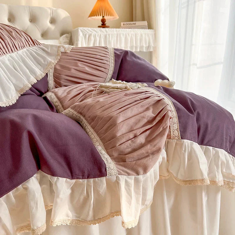 DecorBites™ Korean Princess Style Cotton Bedding Set with Pleated Ruffles and Soft Quilt Cover