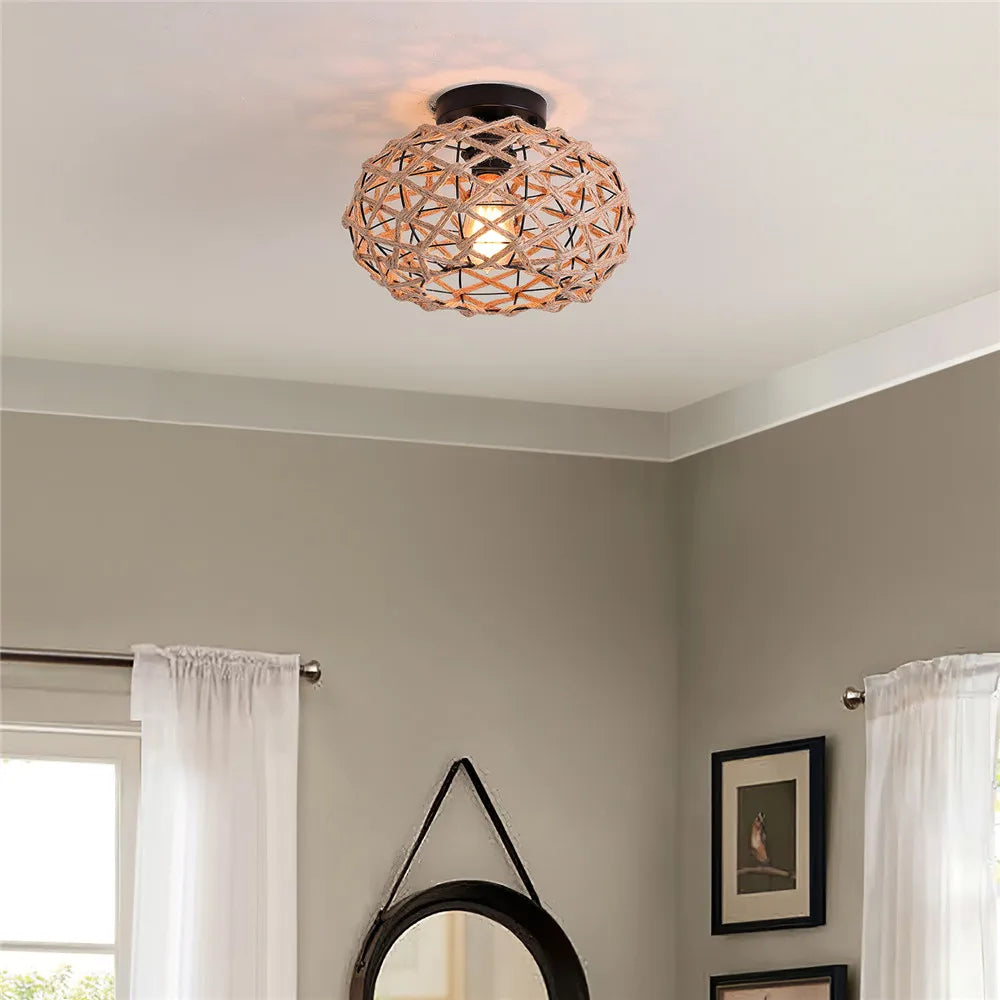 DecorBites™ Hemp Rope Cage Ceiling Light Fixture for Farmhouse Decor