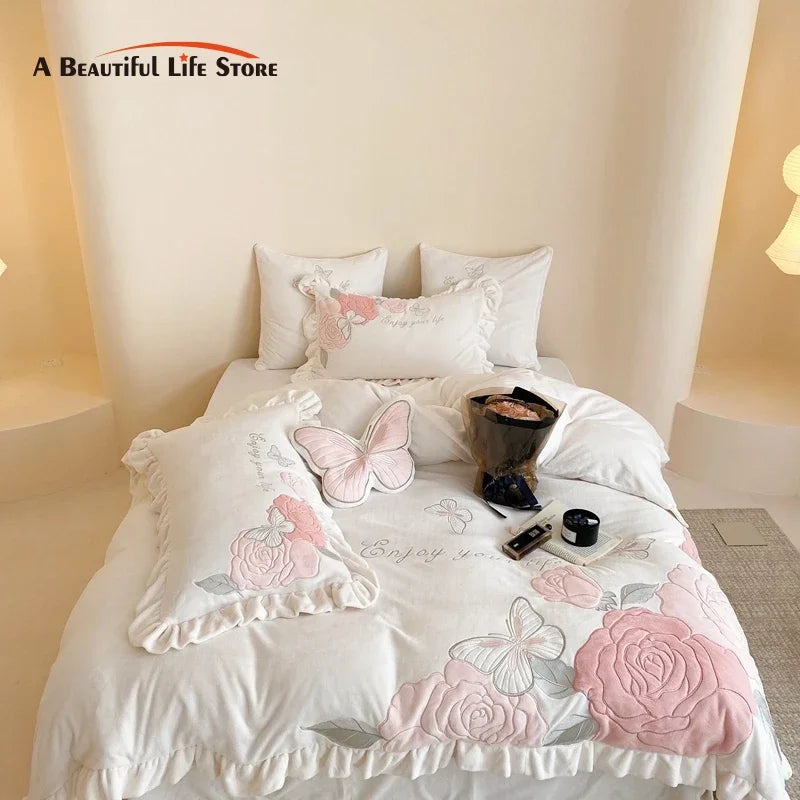 DecorBites™ Lace Ruffles Princess Duvet Set, Butterfly Flowers Embroidery, Cozy Bedding with Bed Sheet & Pillowcases
