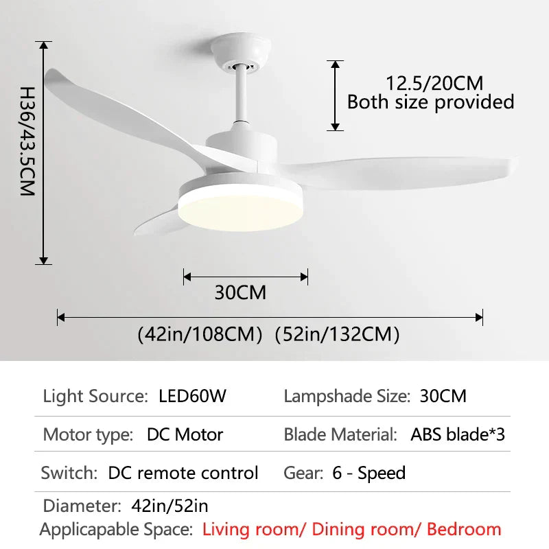 DecorBites™ 52" DC Ceiling Fan with 3 ABS Blades and 60W LED Light, Remote Control