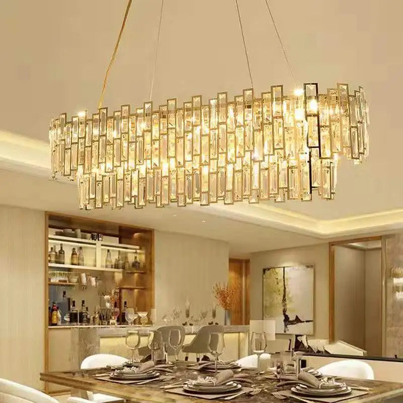 DecorBites™ Gold Steel Crystal Pendant Chandelier - Luxury LED Dining Room Hanging Lamp