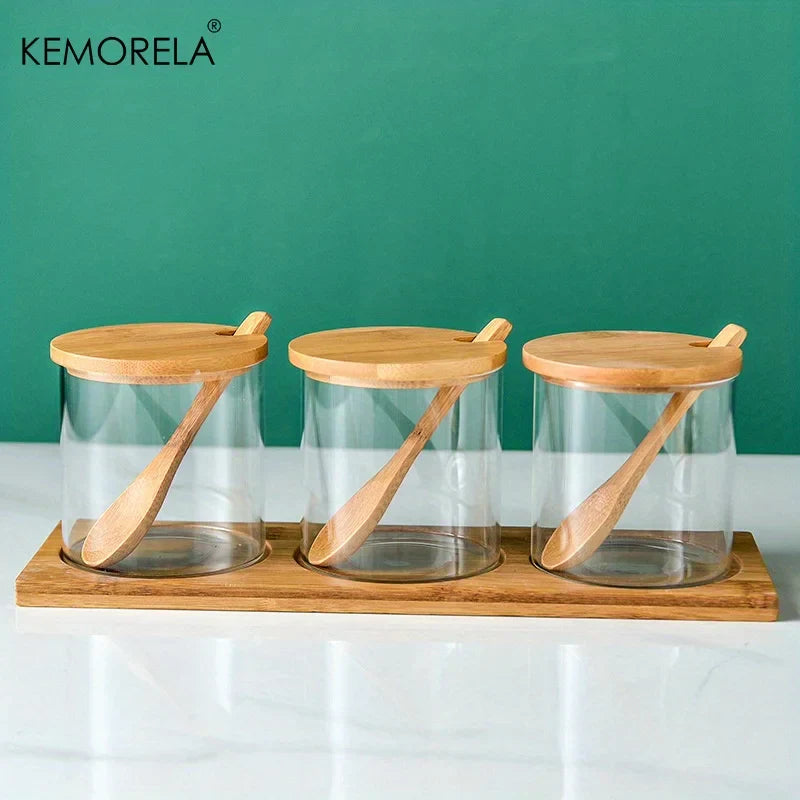 DecorBites™ Glass Spice Jar Set with Bamboo Lid - 2/3PCS Round Mouth Seasoning Organizer