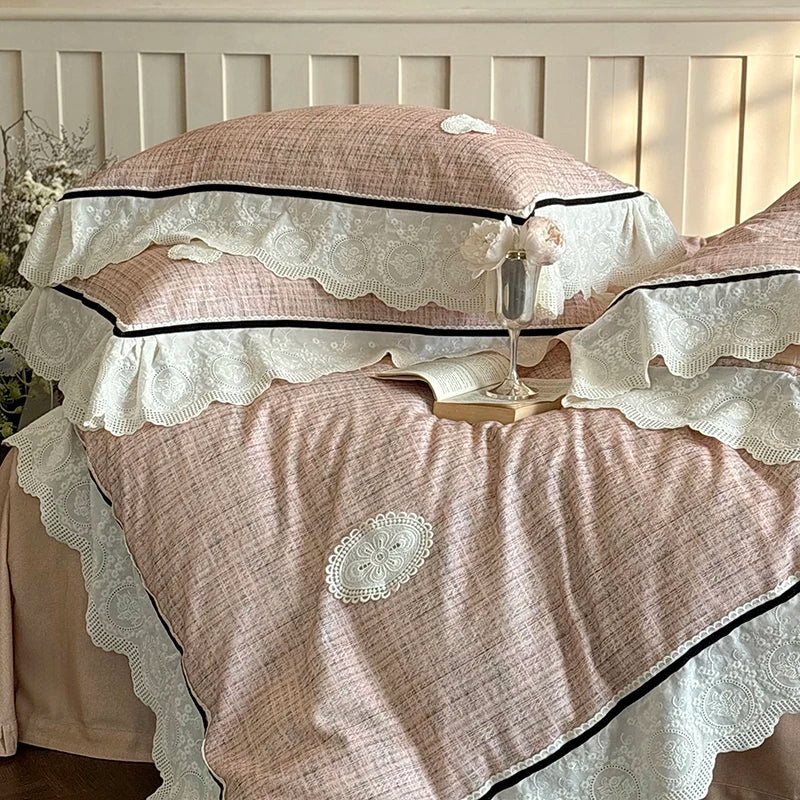 DecorBites™ French Lace Ruffles Lattice Bedding Set 1000TC Egyptian Cotton Duvet Cover Sheets Pillows