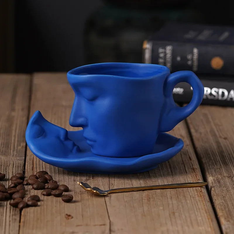 DecorBites™ Frosted Ceramic Face Mug Set: Cup, Saucer, Spoon for Coffee, Tea, Milk