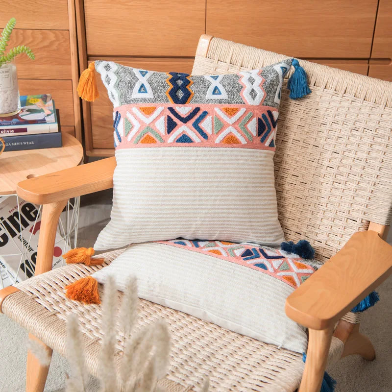 DecorBites™ Geometric Embroidered Cushion Cover with Tassels for Home Decor