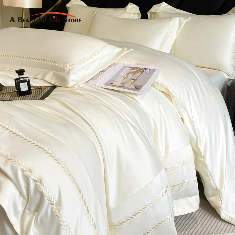 DecorBites™ Embroidered Ice Silk Bedding Set: Soft Duvet Cover, Sheet, Pillowcases 4Pcs