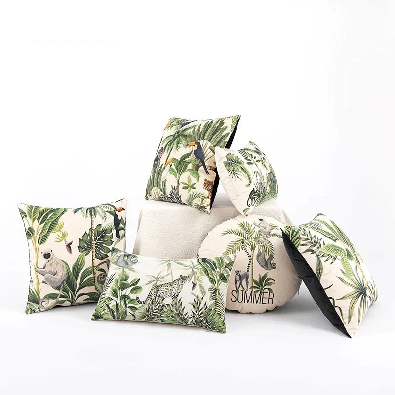 DecorBites™ Jungle Cartoon Print Velvet Cushion Cover - Hawaiian Decor for Sofa