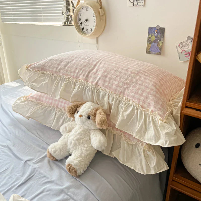 DecorBites™ Korean Princess Style Cotton Bedding Set with Ruffles and Lace