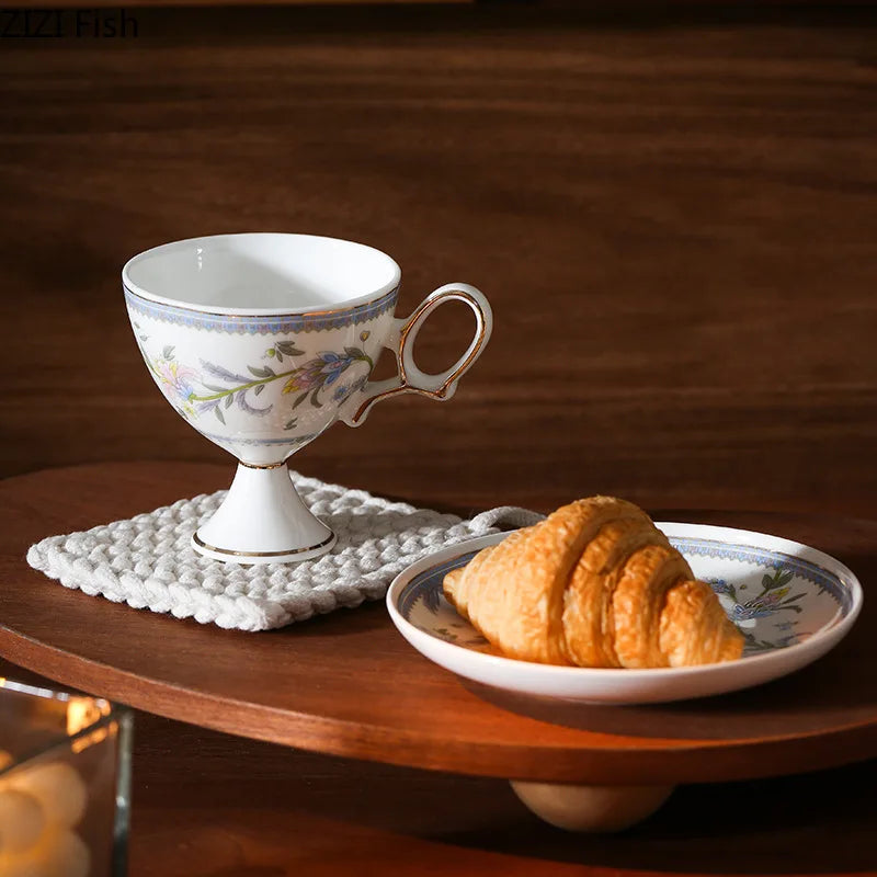DecorBites™ Gold Flower Ceramic Cup & Saucer Set - Elegant Goblet Mugs for Coffee, Tea, Juice