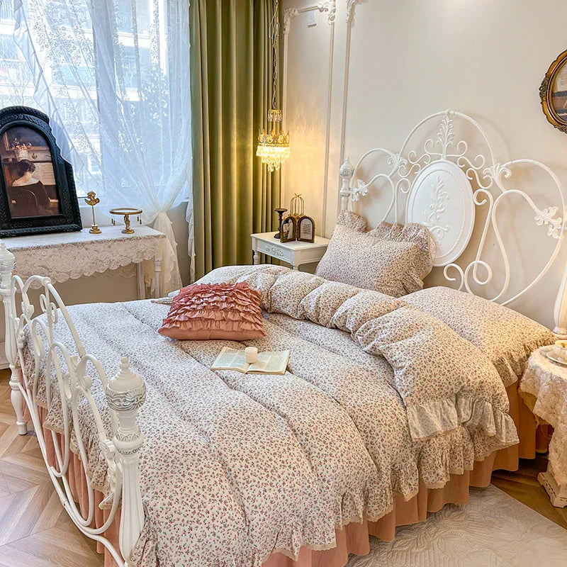 DecorBites™ Double Layer Lace Ruffles Floral Bedding Set with Duvet Cover, Bed Skirt, Pillows